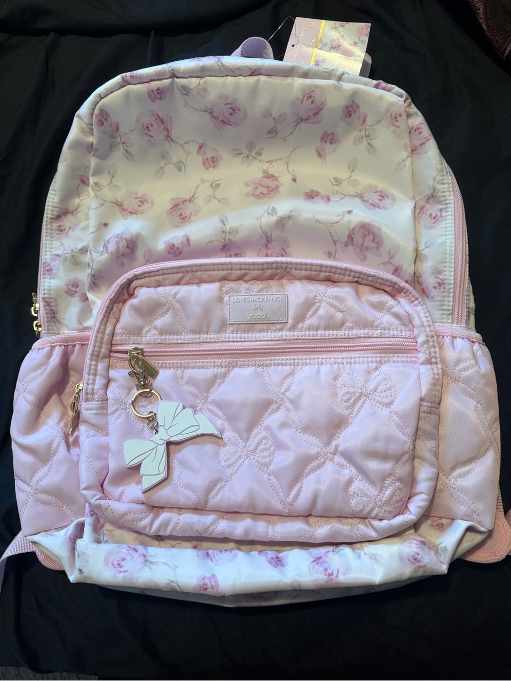 LoveShackFancy Light Pink Quilted Kids Backpack with Floral Lining and Bow Charm